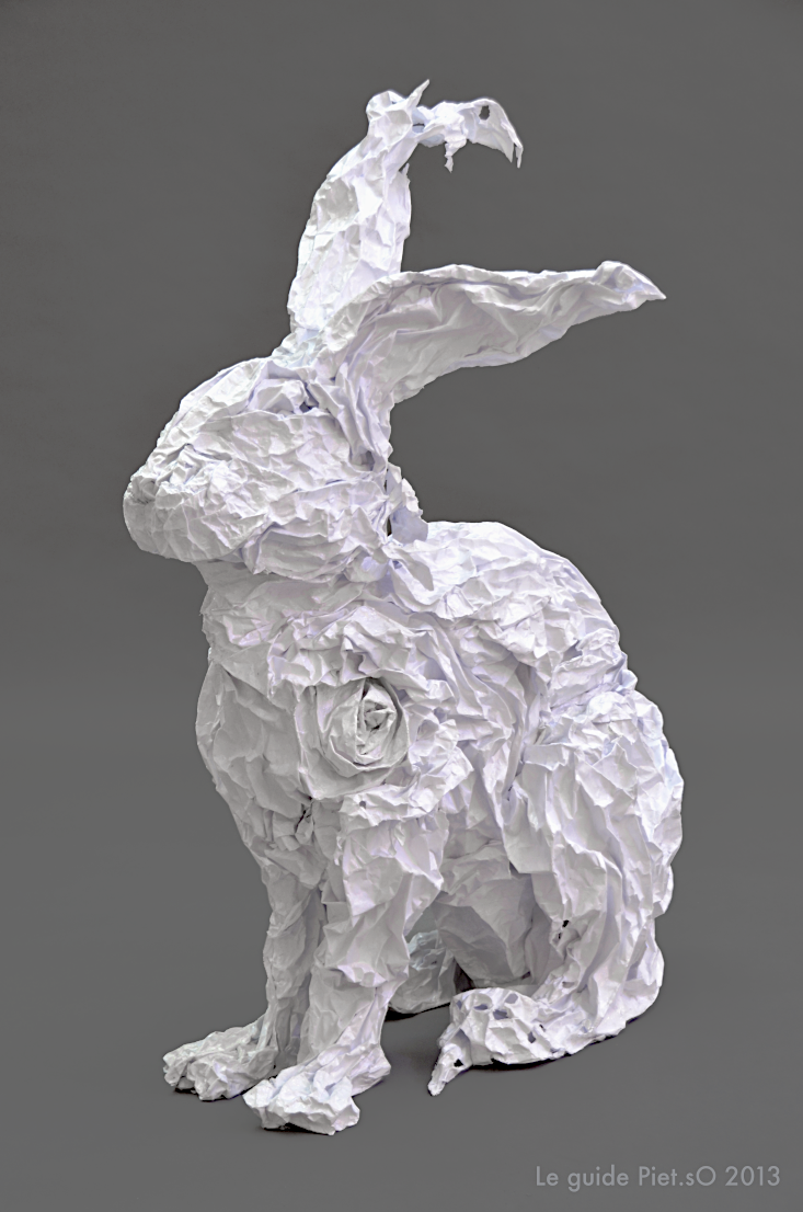 sculpture in paper and gel médium, le guide, Piet.sO 2013, white rabbit, white hare