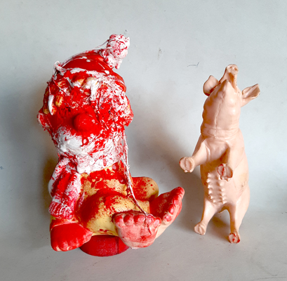 Piet.sO,clowns art  installation. red powder and coronavirus with a pig.