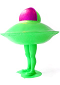 sculpture of a flying saucer or UFO with a pair of litlle girl legs contemporary sculpture in green fluorescent fluo silicon