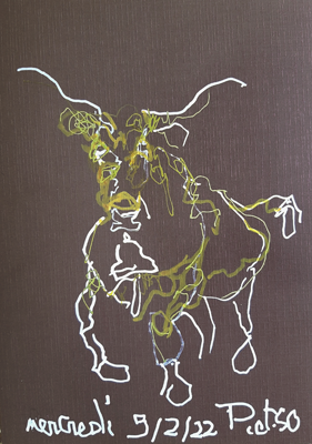 mercredi - Piet.sO - dessin de vache au feutre acrylique sur bristol. journal dessiné de la covalescence de mon radius droit. Dessin de la mauvaise main.