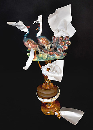 Piet.sO, don't follow me, contemporary art, sculpture collage crumpled paper on second hand statuette.