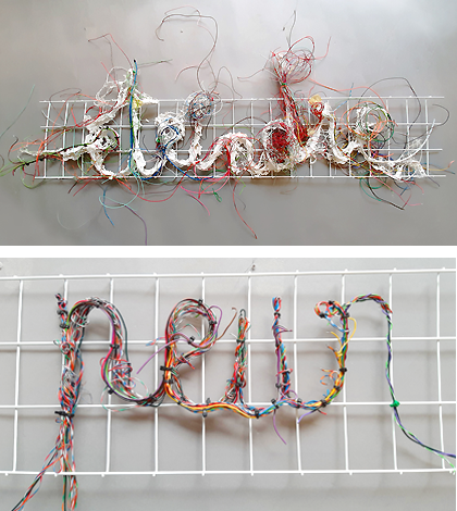 Piet.sO, - sculpture contemporaine - sculpture mot en résine acrylique et câbles sur grille.