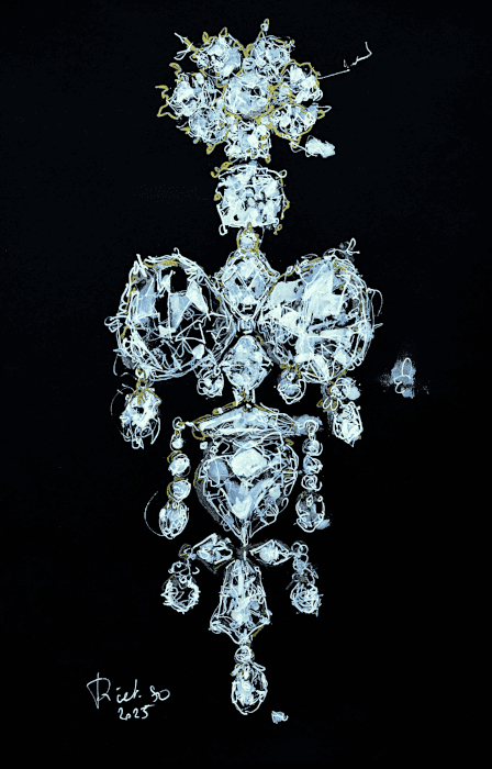 dessin contemporain de Piet.sO  d'après les bijoux volés du Louvre,  dessin de la broche reliquaire de l'impératrice Eugénie dont les deux diamants au sommet sont les 17ème et 18ème Mazarins utilisés par Louis XIV comme boutons de justaucorps. 