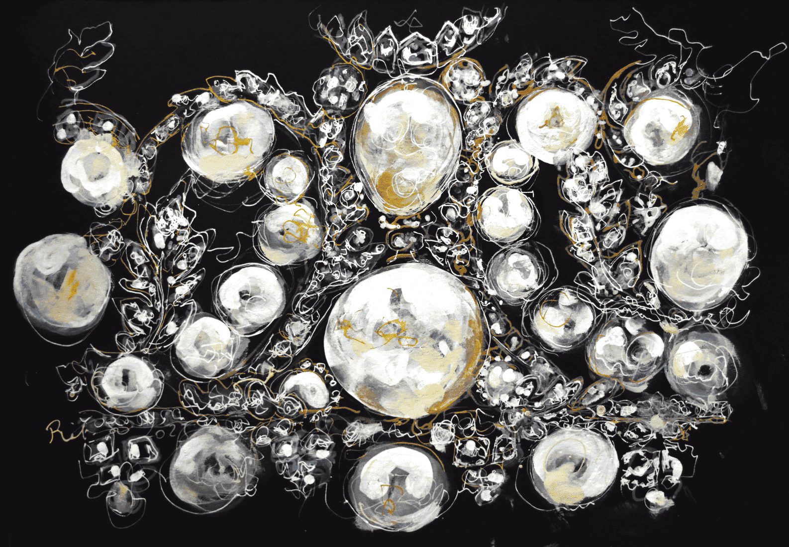 Dessin du diadème de perles de l'imératrice Eugénie. Un des huit bijoux des Diamants de la Couronne de la galerie d'Apollon dérobés au Musée du Louvre, à Paris en 2025.Ces dessins au feutre acrylique sur papier noir questionnent la place de ces pièces d'orfèvrerie parmi les oeuvres d'art du Louvre.