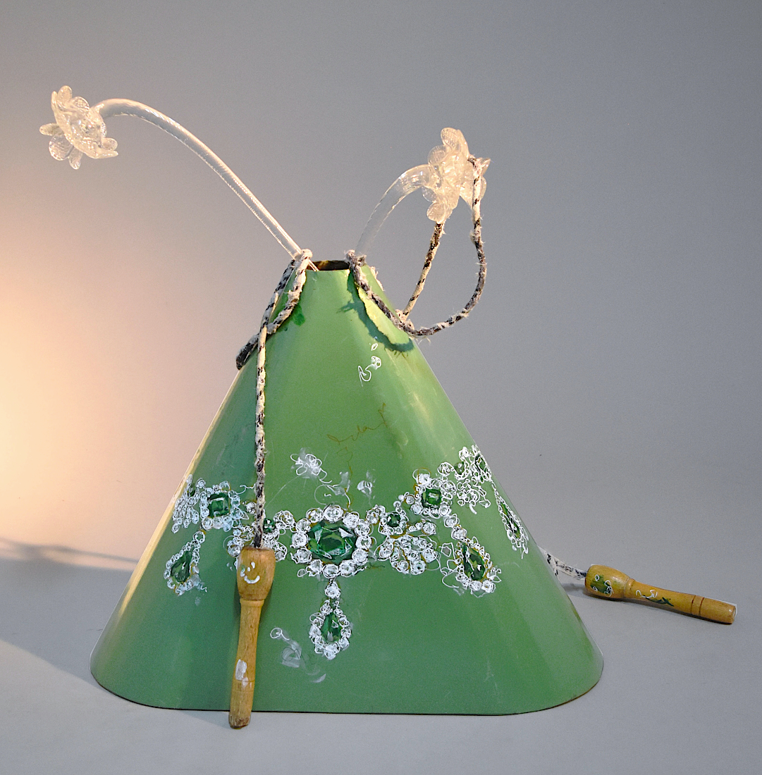 Drawing of the emerald necklace from Empress Marie-Louise’s parure, depicted on a reclaimed Michelin metal reservoir, featuring glass flowers and a jump rope.
