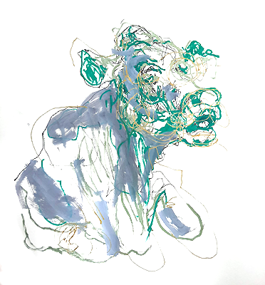 bull - Piet.sO - drawing sketch of a bull. personal exhibition : savez-vous planter les choux - Piet.sO - Espace d'art contemporain Jean Prouvé, Issoire, France - acrylic on paper, gaucherie. wrong hand drawing.