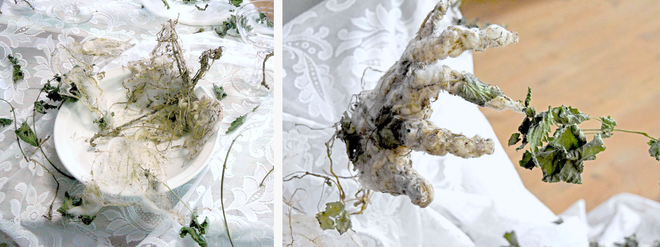 sculpture  art installation Nettle festering - found objects in an old hotel converted into a studio in the Center of France and stinging nettle - Piet.sO 2018 - Piet.sO 2018.