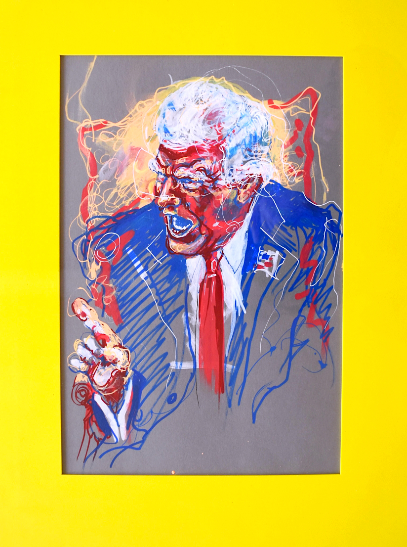  Piet.sO - T - dessin contemporain au feutre acylique sur papier encadré. portrait de Donald Trump d’après une image tirée de la rencontre Trump Zelensky 2025, art et temps, voleur de temps l'artiste Piet.sO, art contemporain et temps. .JE T'AIME, TEMPS - expo personnelle - LA LICORNE, St-Germain-Lembron, Auvergne-Rhone-Alpes