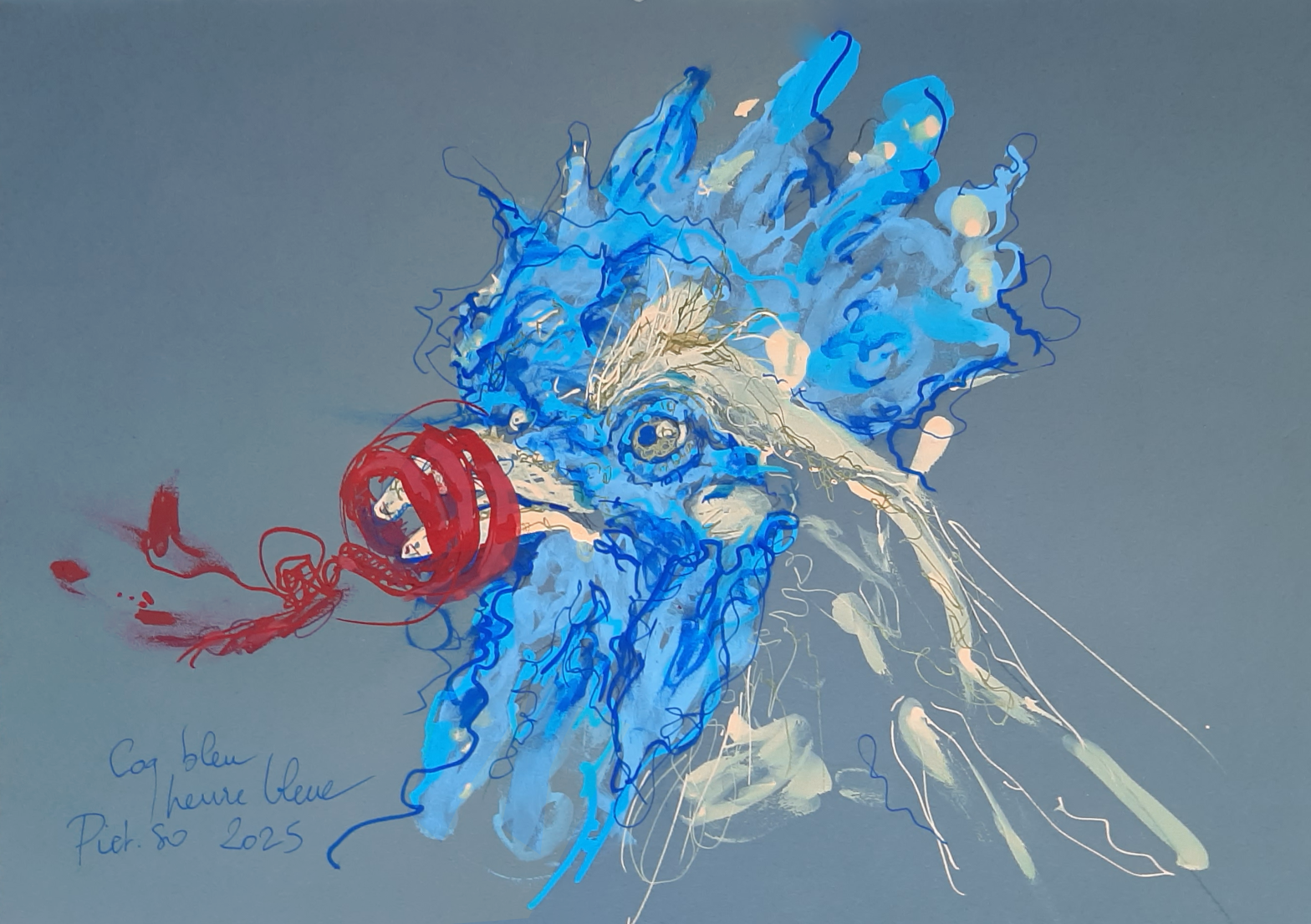  Portrait d'un coq bleu muselé.- art contemporain et temps- acrylique sur papier dessin contemporain - expo personnelle - LA LICORNE, St-Germain-Lembron, Auvergne-Rhone-Alpes
