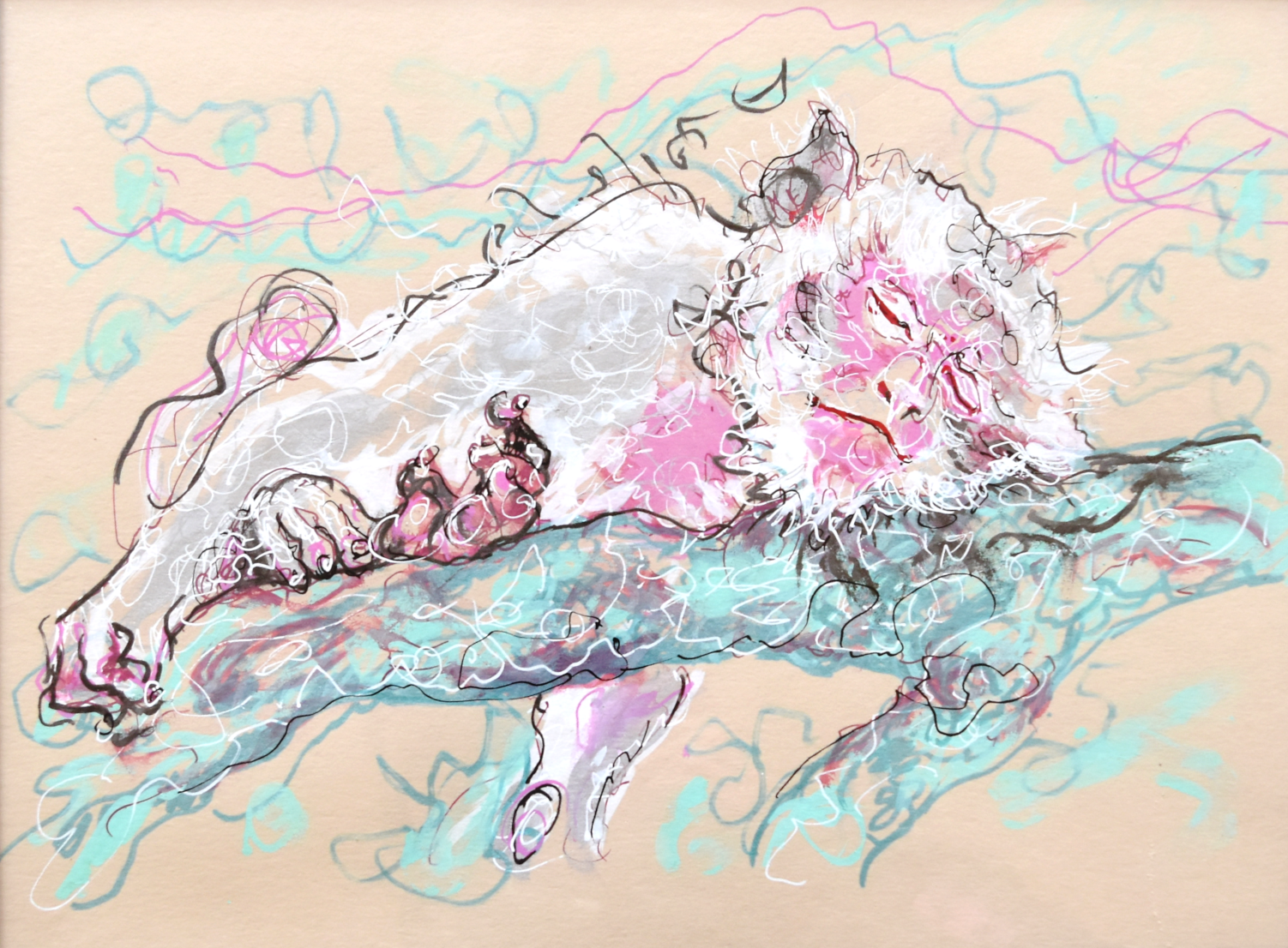 dessin au feutre acrylique sur papier d'un singe dormant sur une branche. l'artiste Piet.sO, art contemporain et temps. JE T'AIME, TEMPS - expo personnelle - LA LICORNE, St-Germain-Lembron, Auvergne-Rhone-Alpes
